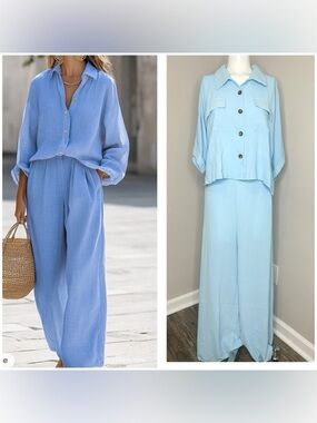 Light Blue Relaxed Button-Front top  Pants Set- 2X